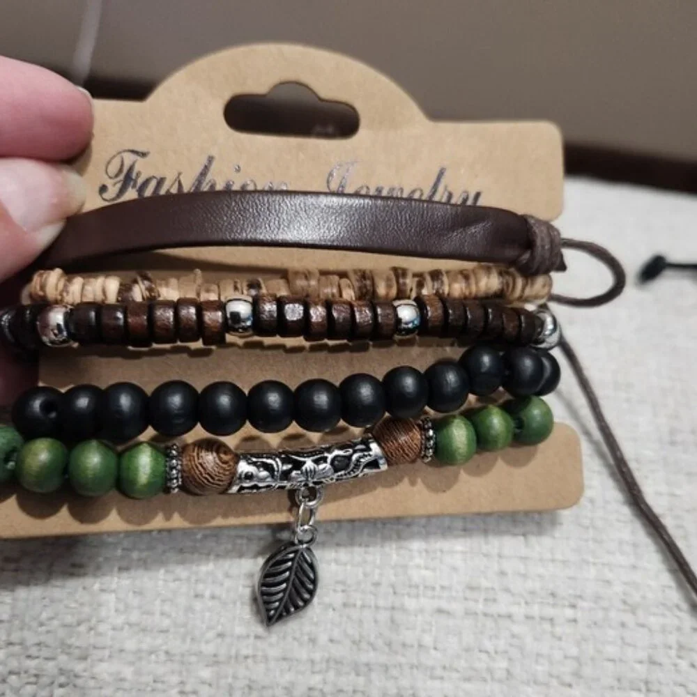 Nwt Unisex Multi-Layered Bracelet Set - Brown, Black, Green